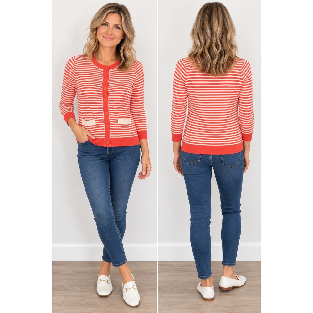 Talbots Petites Orange White Striped Button Front Cardigan Sweater Size P